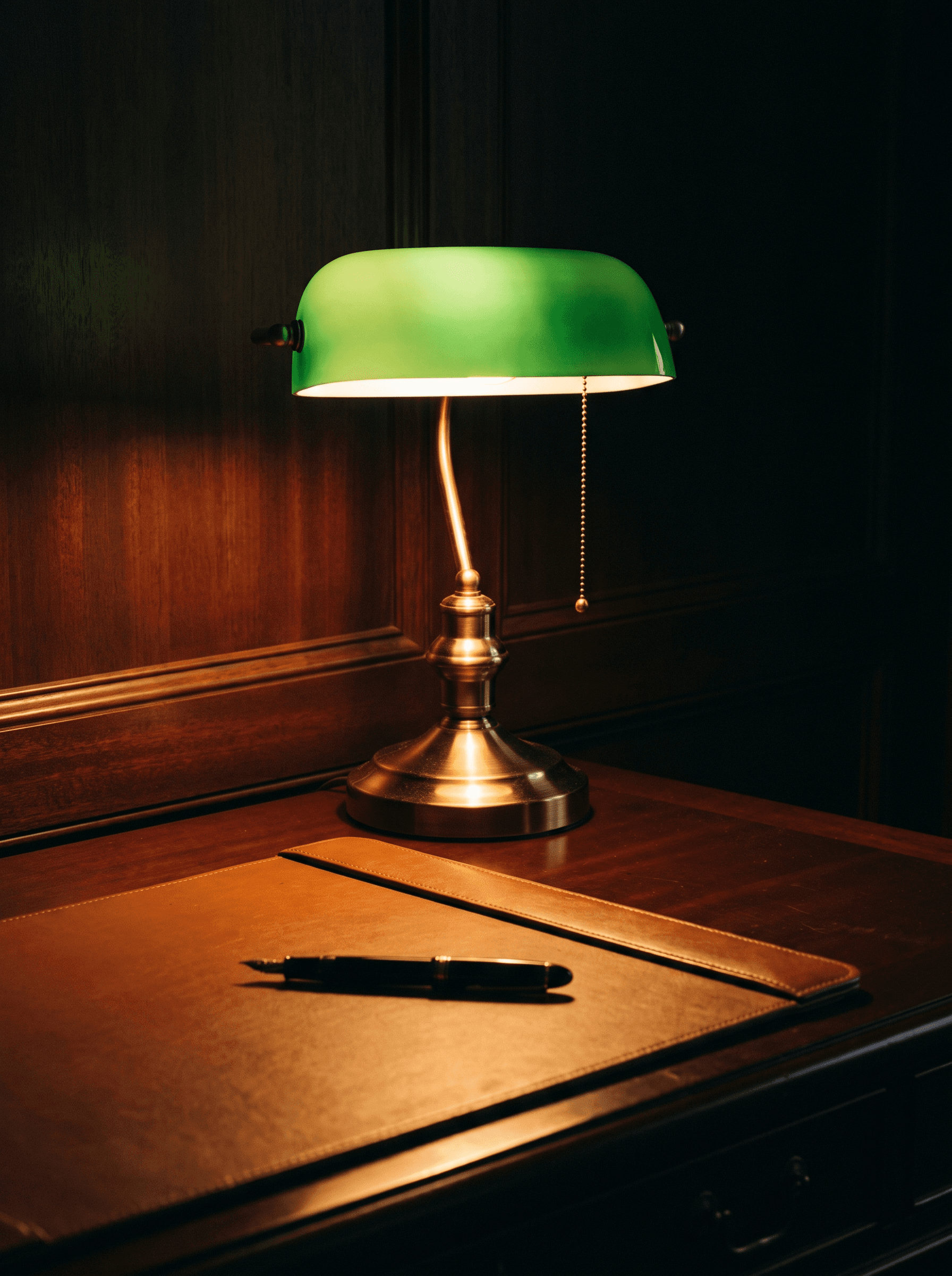 Brass banker's lamp glowing over a leather desk pad and fountain pen